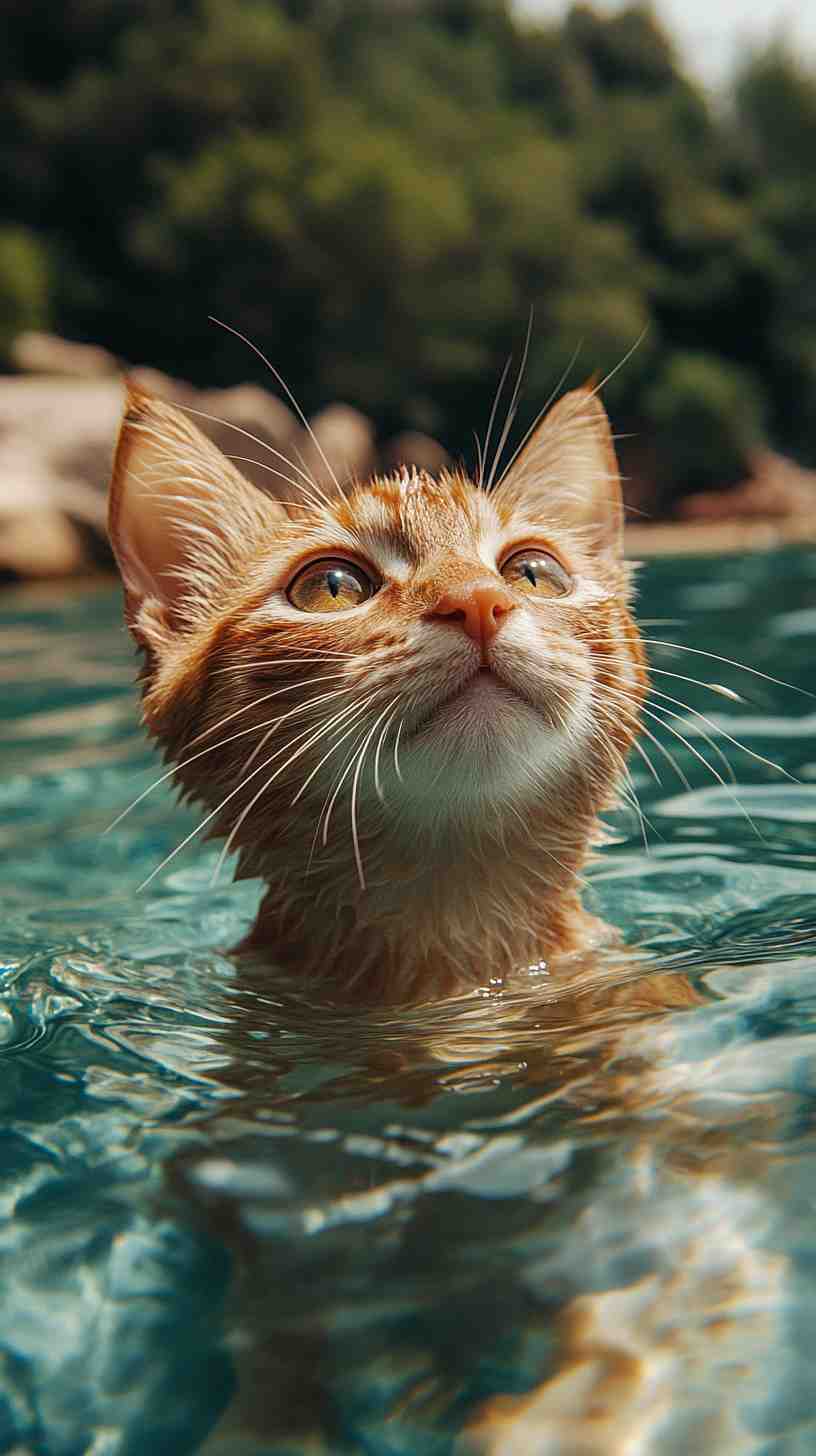 Cat Swimming in Crystal-Clear Sea Water