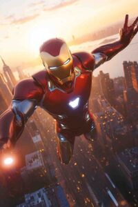 Iron Man Sports Suit Flying Over Metropolis