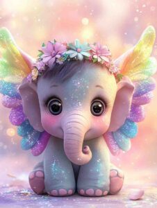 Kawaii Baby Elephant with Rainbow Wings and Flower Crown