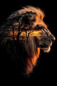 Majestic Lion Portrait with Double Exposure Sunset