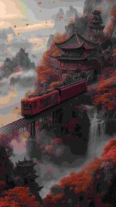 Red Train in Chinese Mountains MidJourney Prompt