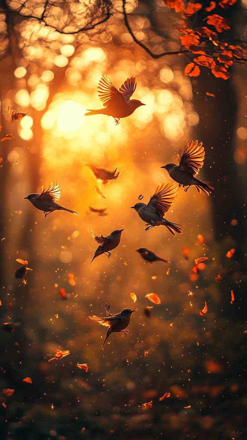 Robins in Flight Forest Scene