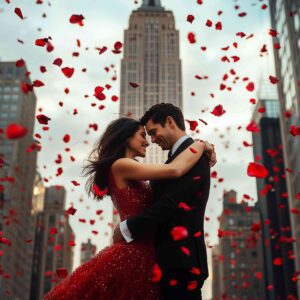 Romantic Couple Amid Falling Rose Petals Prompt