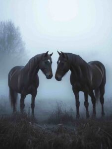 Romantic Horses in Misty Landscape MidJourney Prompt