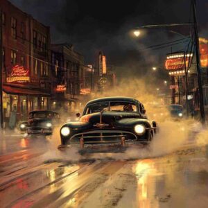 Thrilling 1950s Hotrod Race Scene MidJourney Prompt