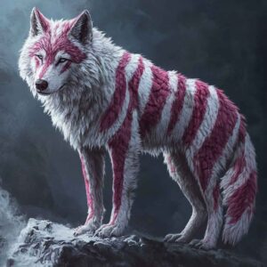 White and Pink Striped Wolf MidJourney Prompt