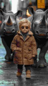 Stylish Boy with Rhinos in NYC MidJourney Prompt